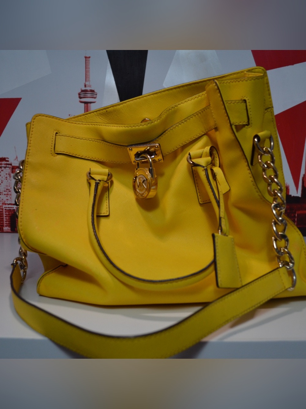 Michael Kors Bright Yellow Leather Tote with Gold Hardware